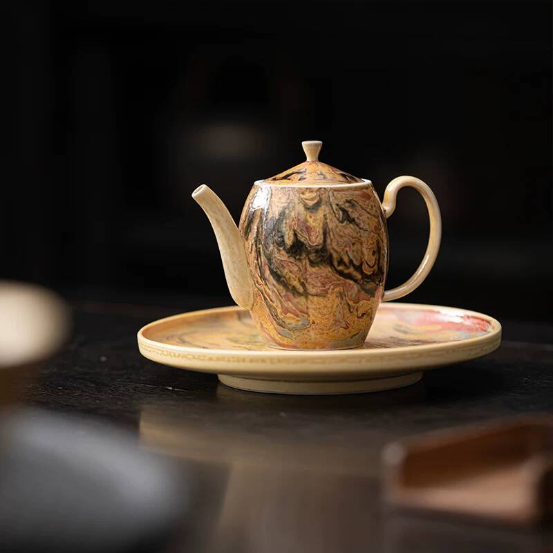 Vintage Collectible Pottery - Handgefertigtes, holzbefeuertes Xishi-Teekessel-Set im Dunhuang-Ölgemälde-Stil für